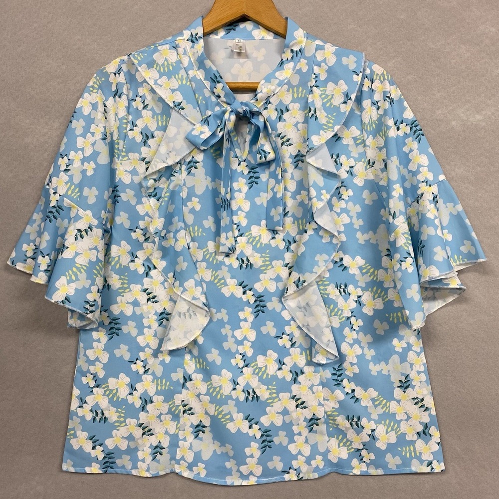 Duo Man Yu Women XL Blouse Blue Floral Ruffle Tie Neck Flutter Sleeve Retro